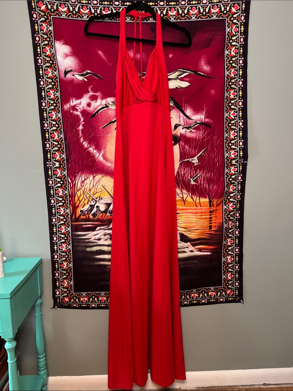 vintage 70s red evening gown maxi dress w/ strappy racerback